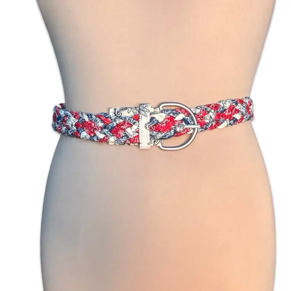 Braided Bandana Print Fabric Belt Red White Blue D Ring Size 7 Western Americana